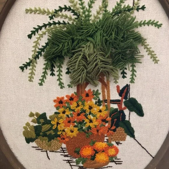 Framed Vintage Floral Crewel Embroidery - Picture 2 of 5